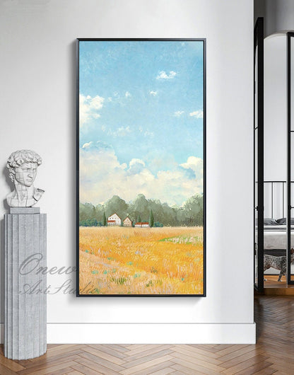 Impressionist Golden Wheat Field and Clouds Oil Painting on Canvas, Original Landscape Canvas Wall Art, Modern Nature Art for Living Room