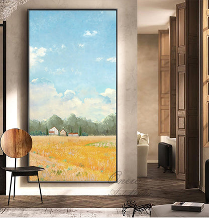 Impressionist Golden Wheat Field and Clouds Oil Painting on Canvas, Original Landscape Canvas Wall Art, Modern Nature Art for Living Room