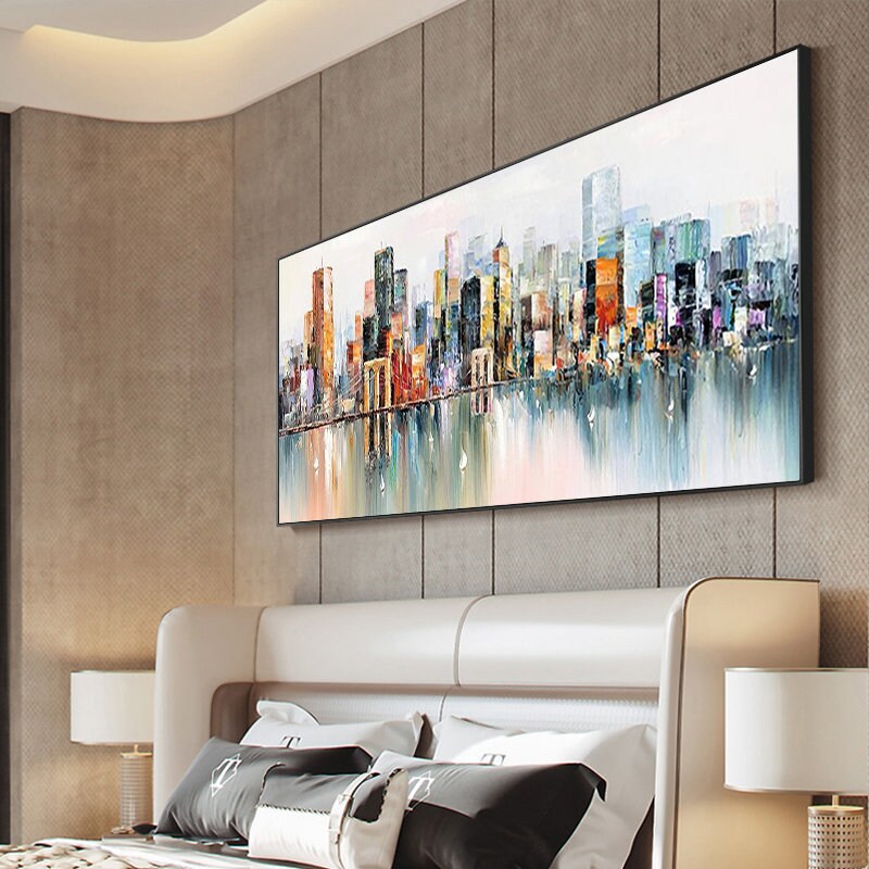 Abstract Cityscape Oil Painting, Large Colorful Urban Canvas Art – Colorful Urban Abstract City Architecture Wall Art | Hand-