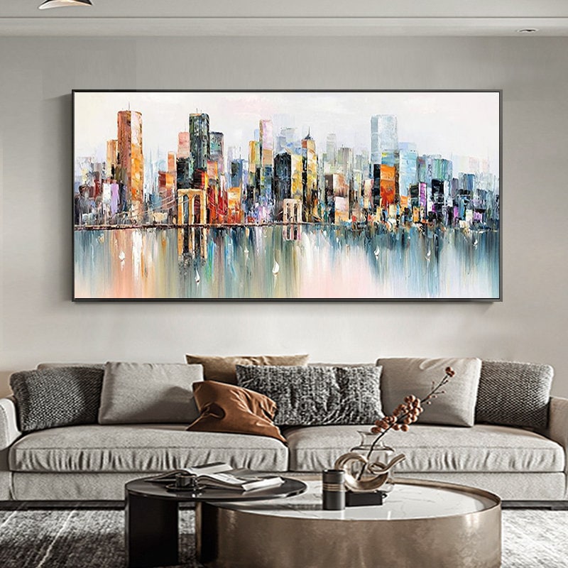 Abstract Cityscape Oil Painting, Large Colorful Urban Canvas Art – Colorful Urban Abstract City Architecture Wall Art | Hand-