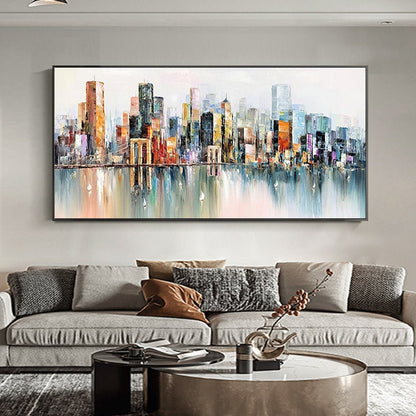 Abstract Cityscape Oil Painting, Large Colorful Urban Canvas Art – Colorful Urban Abstract City Architecture Wall Art | Hand-
