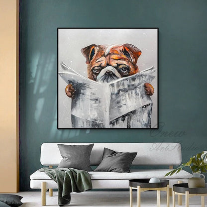 May include: A painting of a bulldog wearing a serious expression while reading a newspaper. The bulldog is brown and white with a black nose. The newspaper is white with black print. The background is a light gray.
