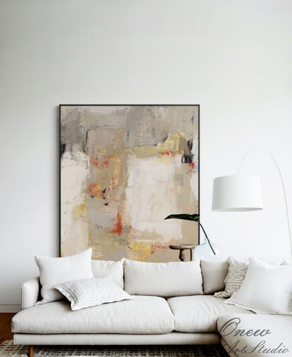 Large Abstract Oil Painting on Canvas, Original Beige and Grey Canvas Wall Art, Modern Textured Painting for Living Room Office Bedroom