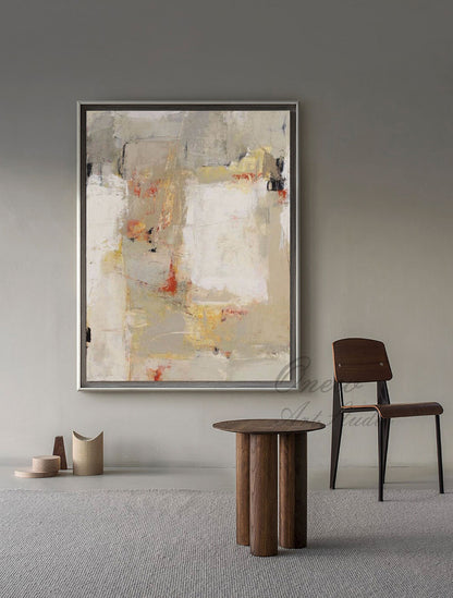 Large Abstract Oil Painting on Canvas, Original Beige and Grey Canvas Wall Art, Modern Textured Painting for Living Room Office Bedroom