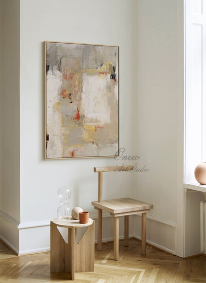 Large Abstract Oil Painting on Canvas, Original Beige and Grey Canvas Wall Art, Modern Textured Painting for Living Room Office Bedroom