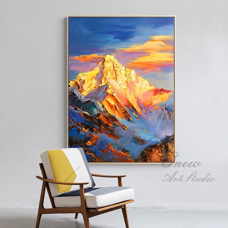 Abstract Golden Mountain Oil Painting on Canvas, Original Landscape Canvas Wall Art, Modern Clouds and Mountain Wall Art for Living Room