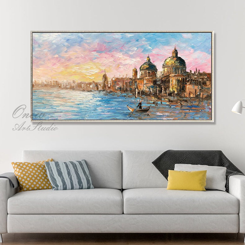 Original Venice Landscape Oil Painting on Canvas, Abstract Rosy Clouds and Water City Canvas Art, Modern Cityscape Wall Art for Living Room