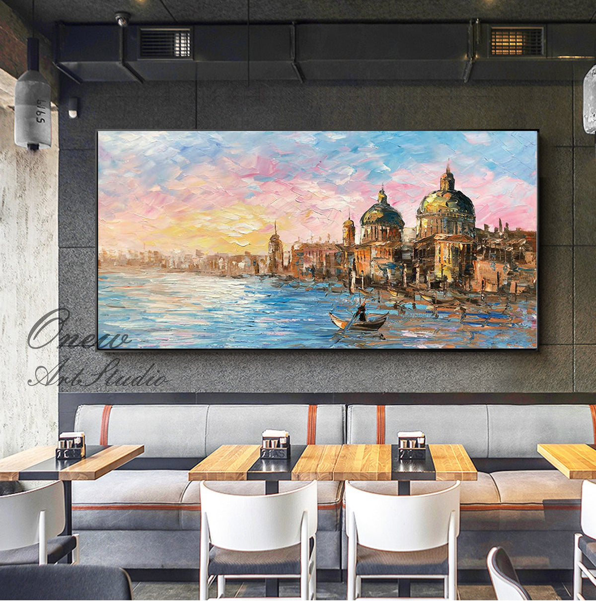 Original Venice Landscape Oil Painting on Canvas, Abstract Rosy Clouds and Water City Canvas Art, Modern Cityscape Wall Art for Living Room