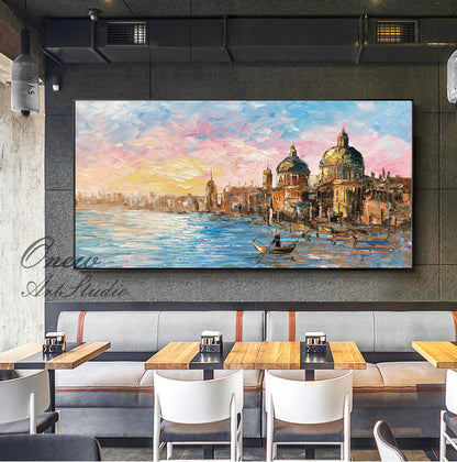 Original Venice Landscape Oil Painting on Canvas, Abstract Rosy Clouds and Water City Canvas Art, Modern Cityscape Wall Art for Living Room
