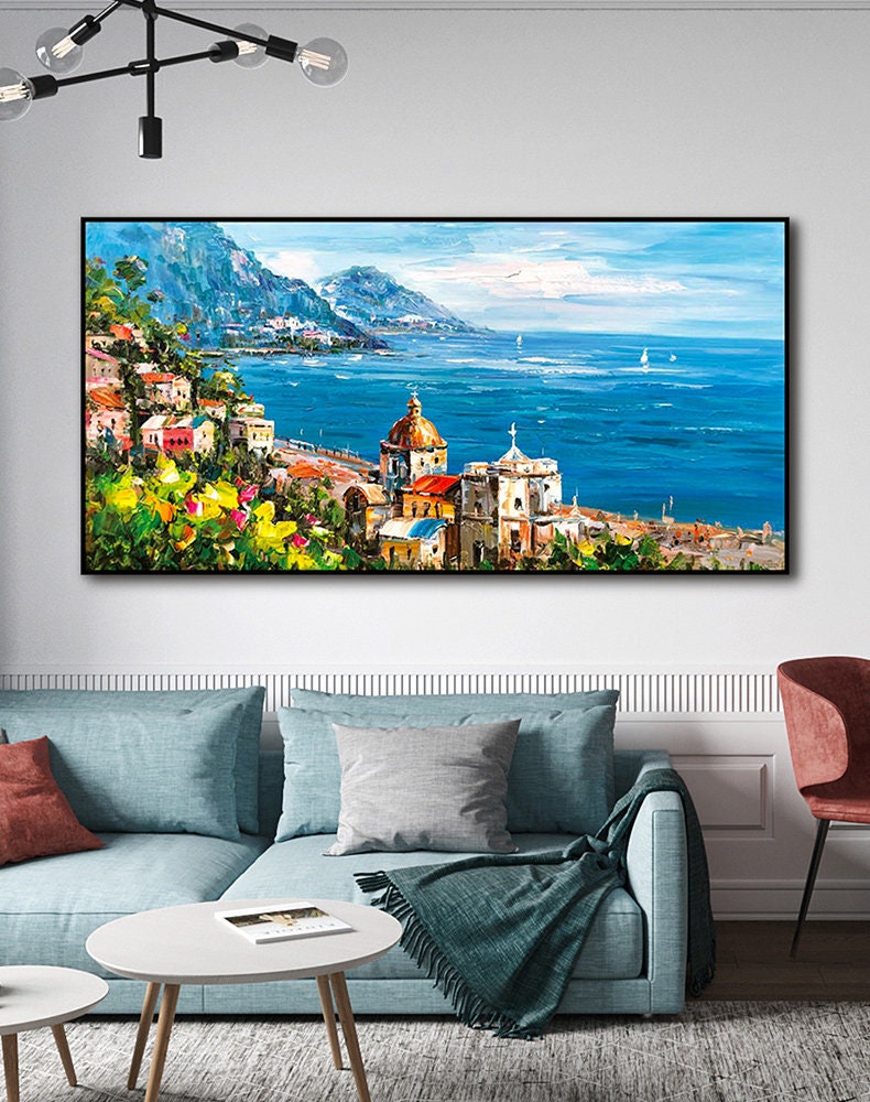 Impressionist Mediterranean-sea Oil Painting on Canvas, Large Original Coastal Cityscape Painting, Modern Seascape Wall Art for Living Room