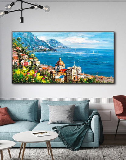 Impressionist Mediterranean-sea Oil Painting on Canvas, Large Original Coastal Cityscape Painting, Modern Seascape Wall Art for Living Room