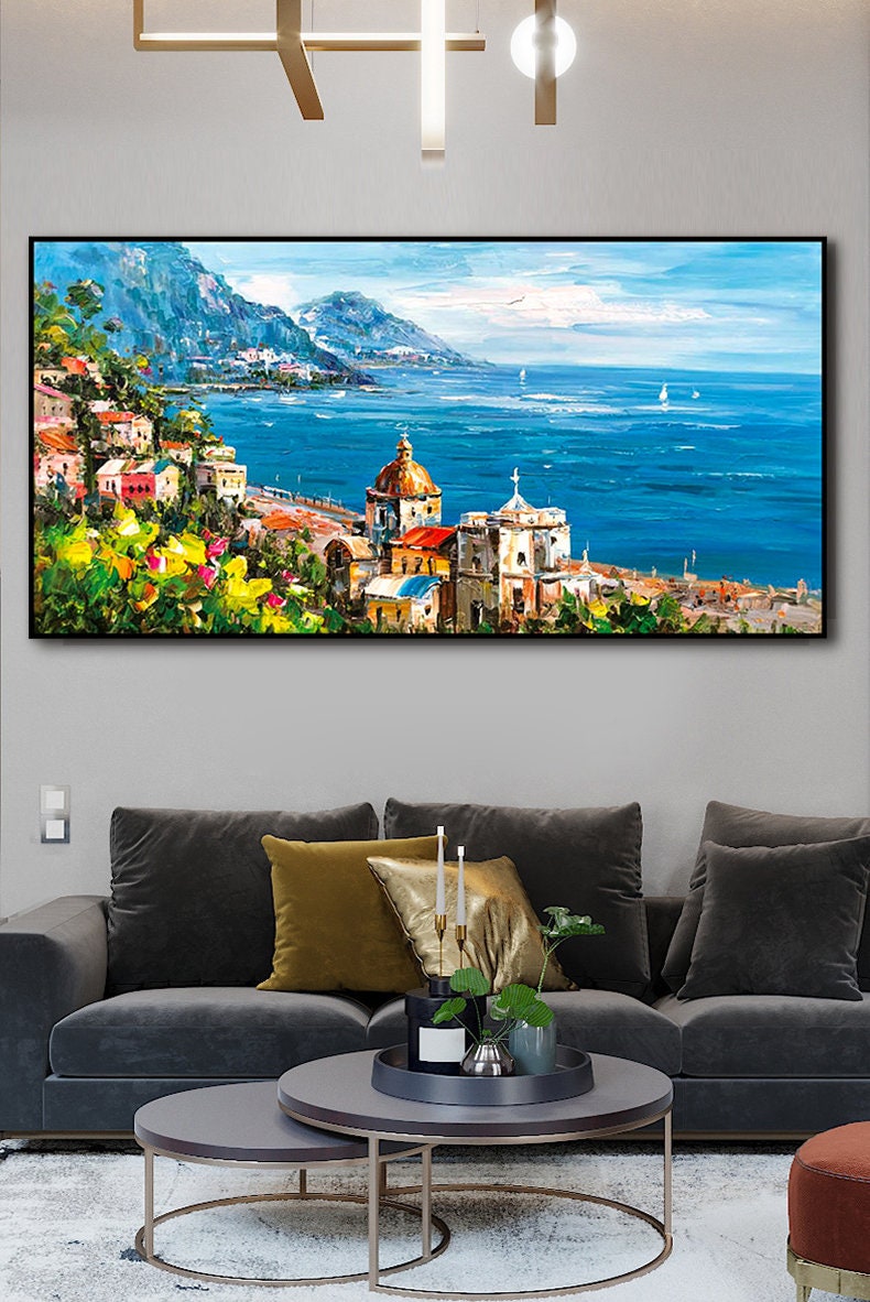 Impressionist Mediterranean-sea Oil Painting on Canvas, Large Original Coastal Cityscape Painting, Modern Seascape Wall Art for Living Room