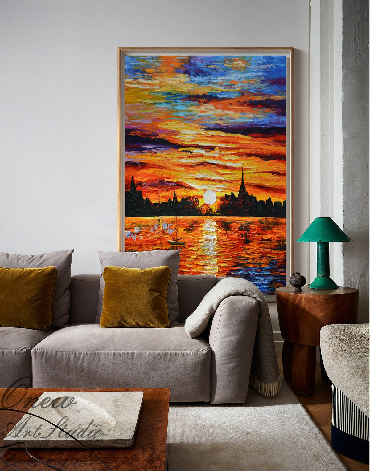Abstract Seascape and Sunset Oil Painting on Canvas, Original Ocean and Sailboat Wall Art, Modern Coastal Landscape Painting for Living Room