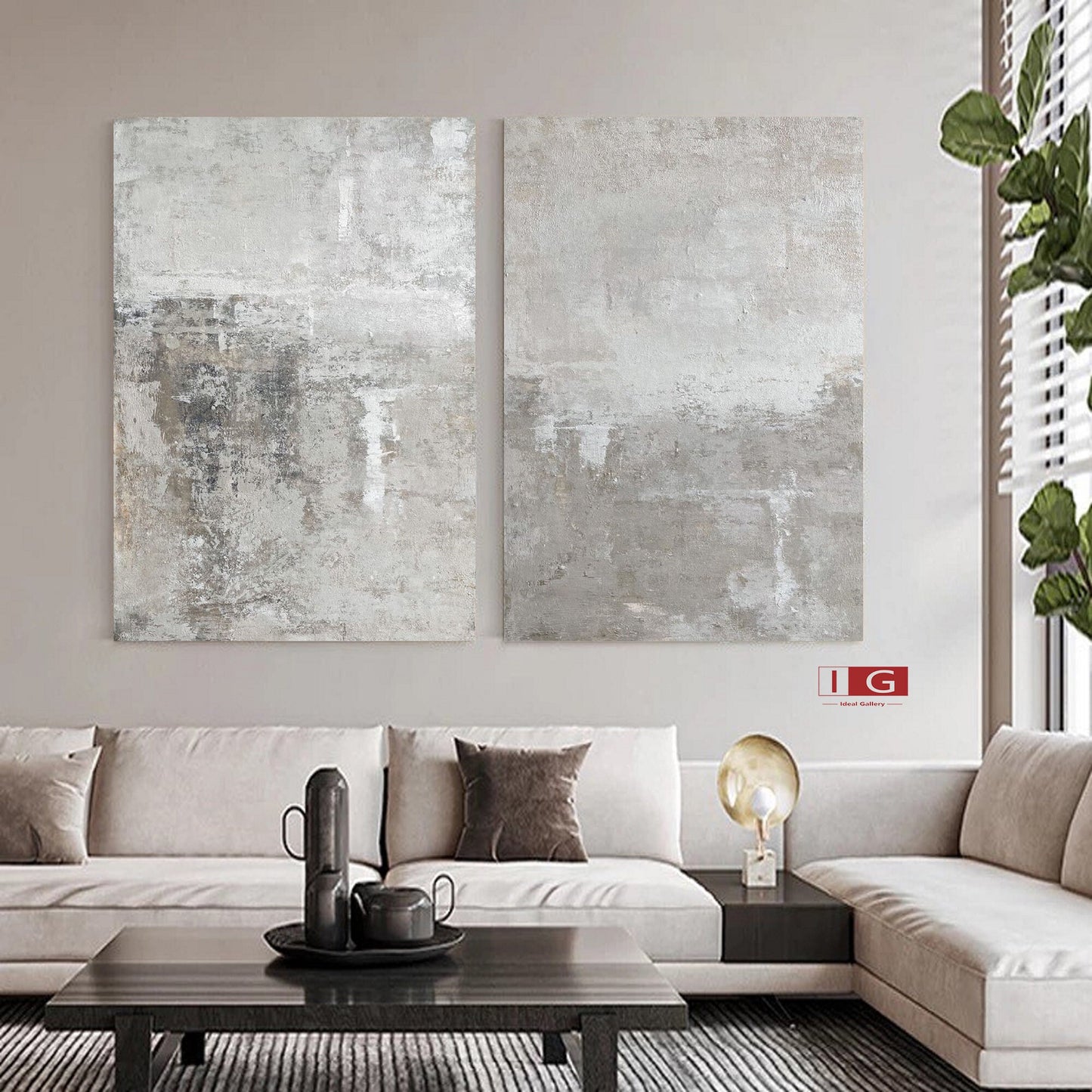 Beige Abstract Painting Set of 2 – Minimalist Wall Art
