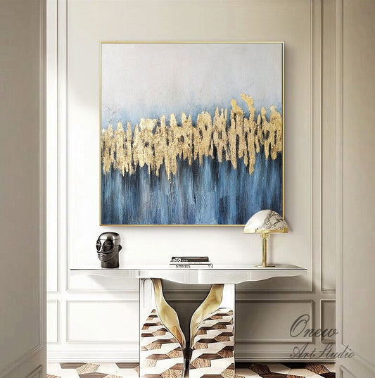 Blue and Gold Abstract Oil Painting on Canvas, Large Original Canvas Wall Art, Modern Minimalist Acrylic Painting for Living Room,home Décor
