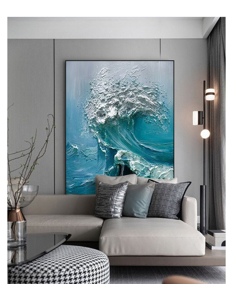 Abstract Ocean Waves Canvas Wall Art, Original Seascape Oil Painting on Canvas, Modern Textured Sea Waves Wall Art for Living Room Bedroom