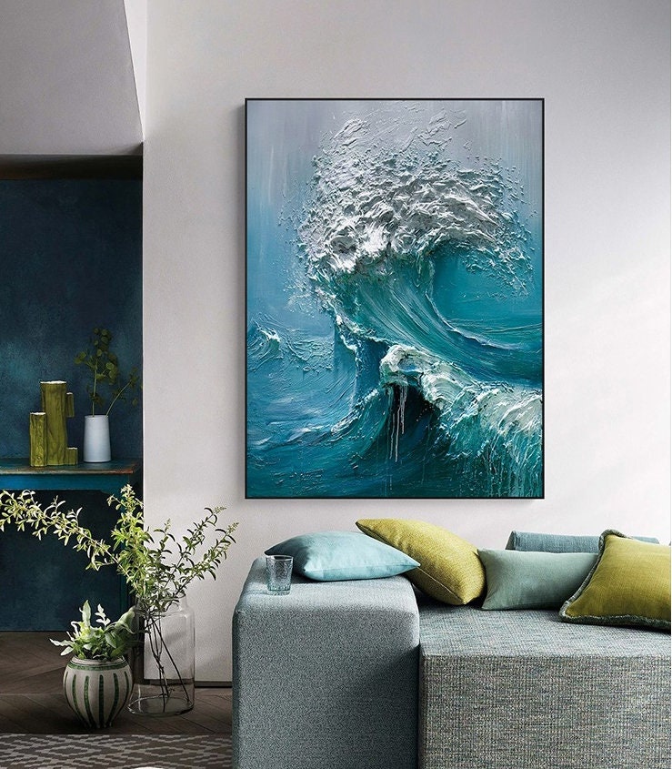 Abstract Ocean Waves Canvas Wall Art, Original Seascape Oil Painting on Canvas, Modern Textured Sea Waves Wall Art for Living Room Bedroom