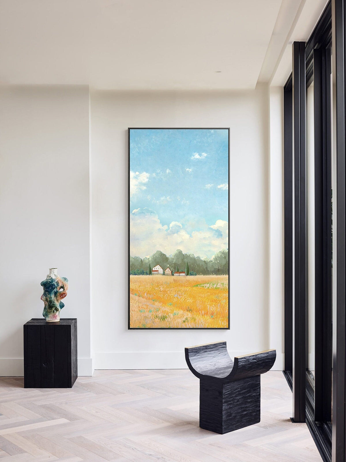 Impressionist Golden Wheat Field and Clouds Oil Painting on Canvas, Original Landscape Canvas Wall Art, Modern Nature Art for Living Room
