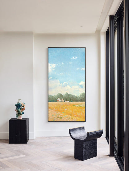 Impressionist Golden Wheat Field and Clouds Oil Painting on Canvas, Original Landscape Canvas Wall Art, Modern Nature Art for Living Room