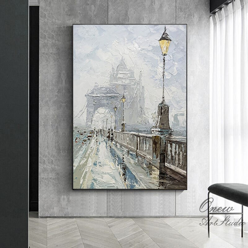 Abstract Cityscape Canvas Wall Art, Large Original Bridge Acrylic Painting on Canvas, Impressionist Streetscape Oil Painting for Living Room