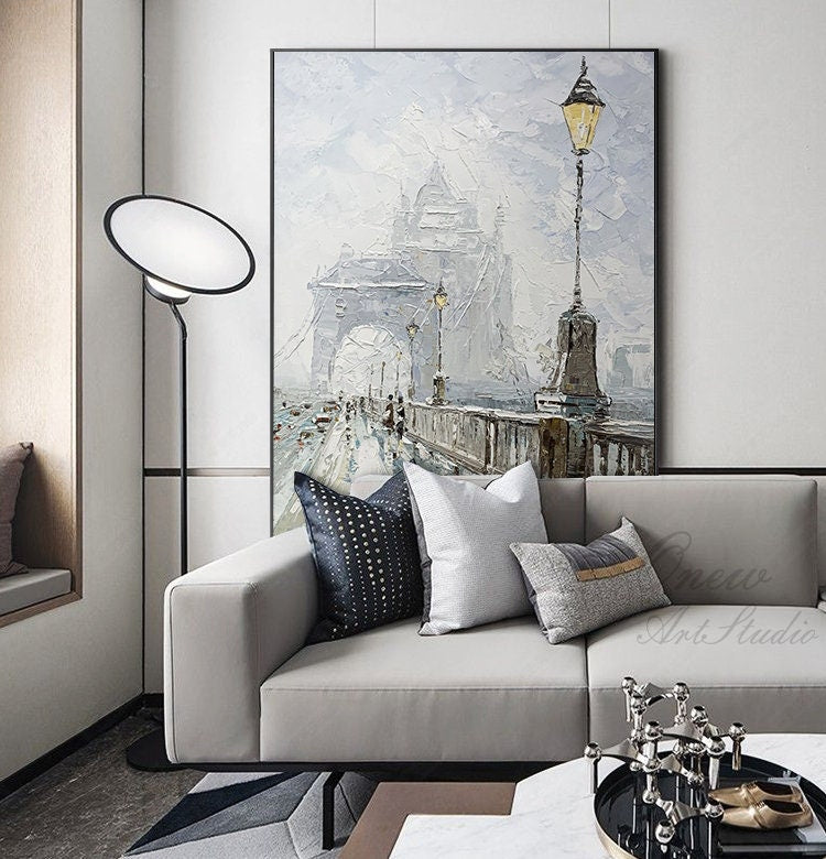 Abstract Cityscape Canvas Wall Art, Large Original Bridge Acrylic Painting on Canvas, Impressionist Streetscape Oil Painting for Living Room