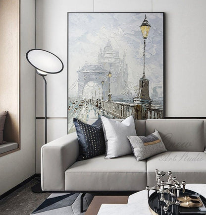 Abstract Cityscape Canvas Wall Art, Large Original Bridge Acrylic Painting on Canvas, Impressionist Streetscape Oil Painting for Living Room