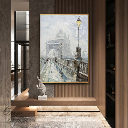 Abstract Cityscape Canvas Wall Art, Large Original Bridge Acrylic Painting on Canvas, Impressionist Streetscape Oil Painting for Living Room