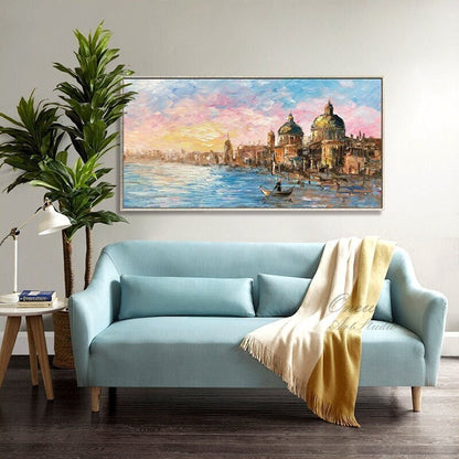 Original Venice Landscape Oil Painting on Canvas, Abstract Rosy Clouds and Water City Canvas Art, Modern Cityscape Wall Art for Living Room