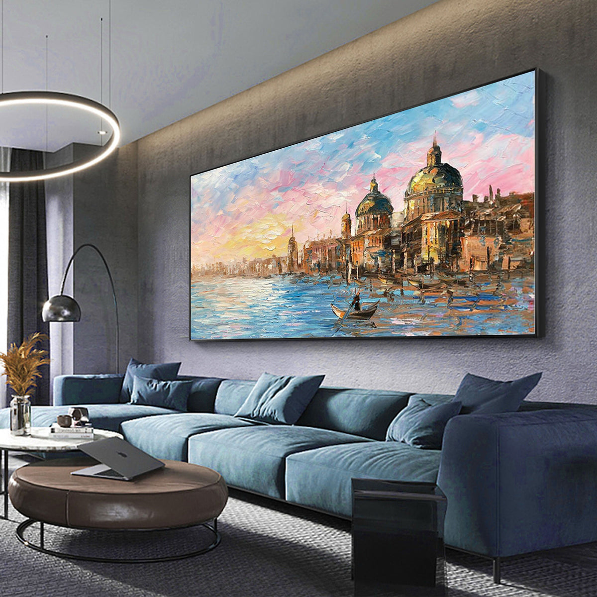 Original Venice Landscape Oil Painting on Canvas, Abstract Rosy Clouds and Water City Canvas Art, Modern Cityscape Wall Art for Living Room