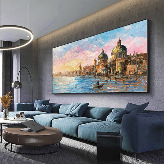 Original Venice Landscape Oil Painting on Canvas, Abstract Rosy Clouds and Water City Canvas Art, Modern Cityscape Wall Art for Living Room