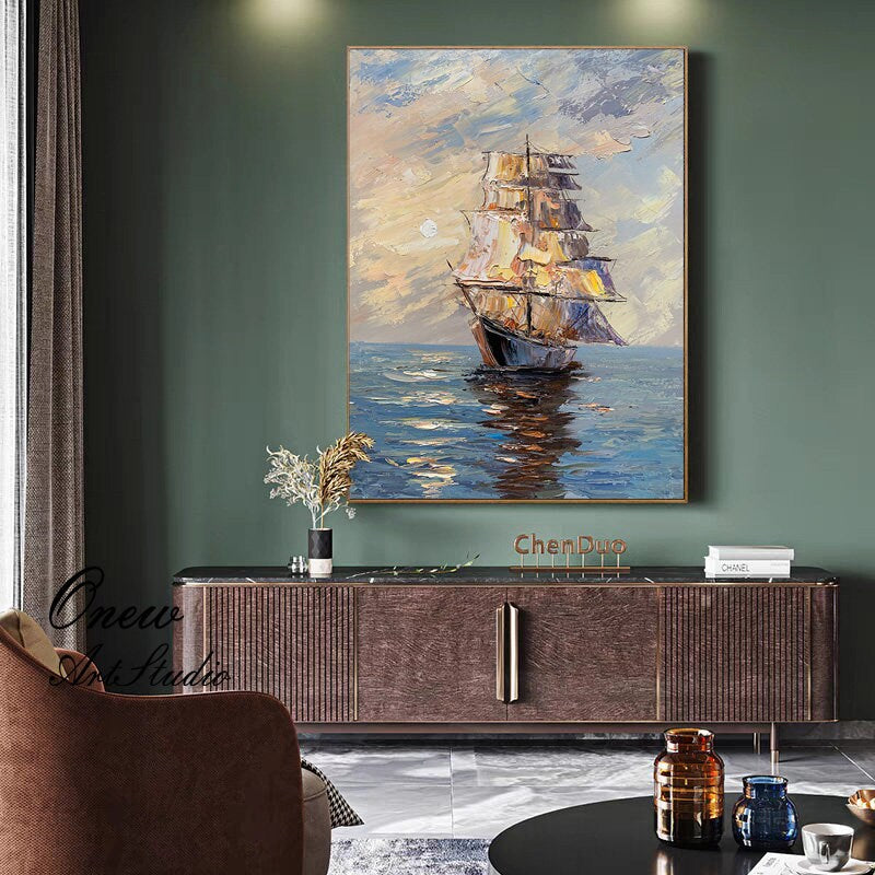 Large Abstract Sailboat Oil Painting on Canvas, Original Seascape and Sunrise Canvas Art, Modern Textured Nautical Wall Art for Living Room