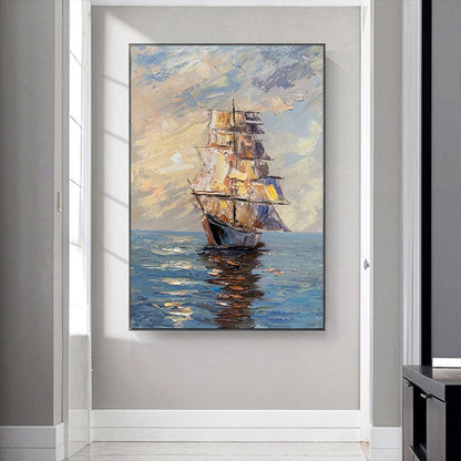 Large Abstract Sailboat Oil Painting on Canvas, Original Seascape and Sunrise Canvas Art, Modern Textured Nautical Wall Art for Living Room