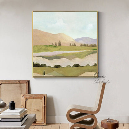 May include: Abstract landscape painting with a green, brown, and white color scheme. The painting depicts rolling hills, a river, and trees. The painting is framed in a gold frame.