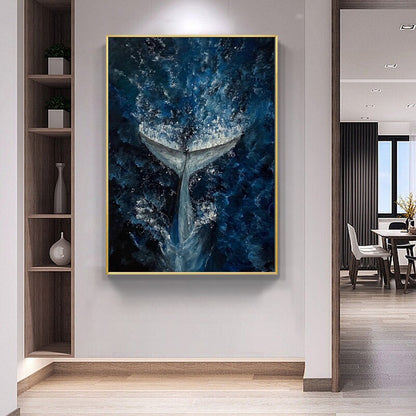 Abstract Whale Tail Oil Painting on Canvas, Original Ocean Canvas Wall Art, Large Sea Waves Wall Art, Modern Animal Painting for Living Room