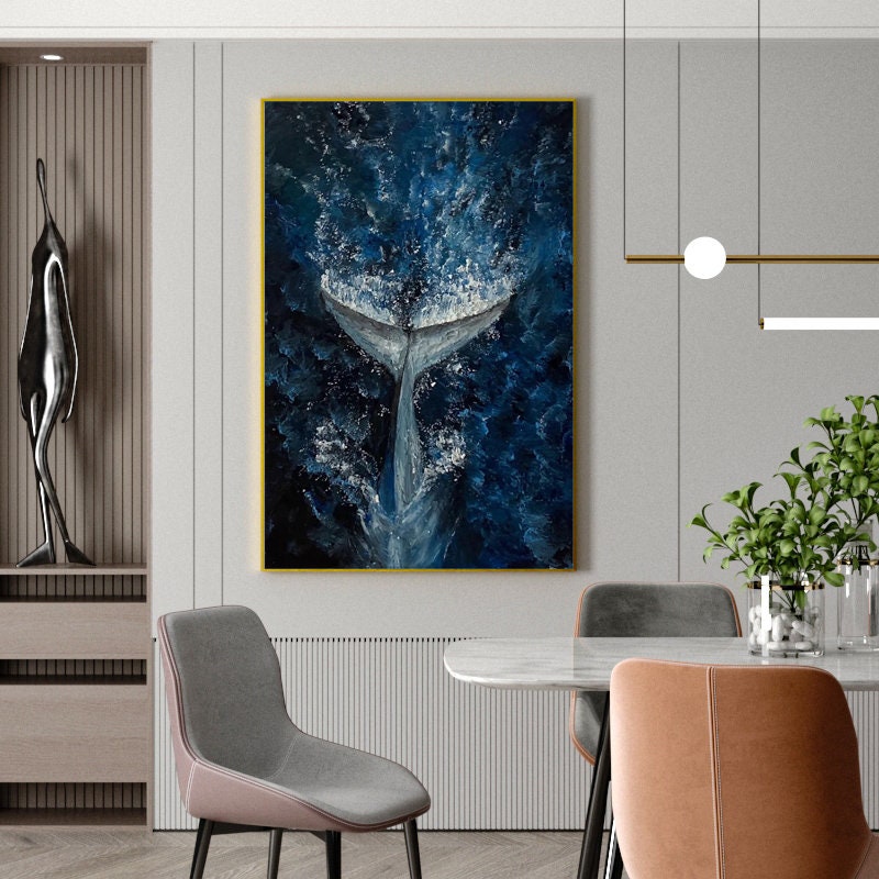 Abstract Whale Tail Oil Painting on Canvas, Original Ocean Canvas Wall Art, Large Sea Waves Wall Art, Modern Animal Painting for Living Room