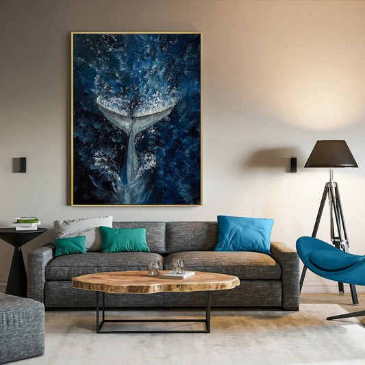 Abstract Whale Tail Oil Painting on Canvas, Original Ocean Canvas Wall Art, Large Sea Waves Wall Art, Modern Animal Painting for Living Room