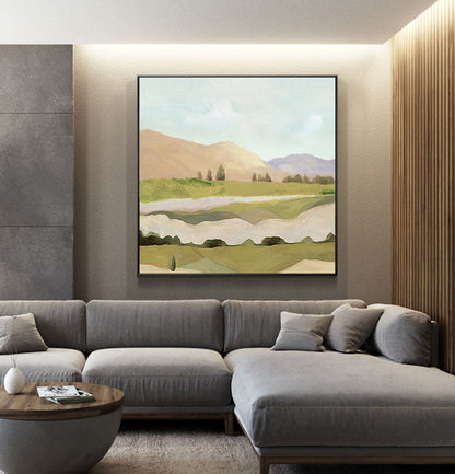 May include: Abstract landscape painting with a muted color palette of greens, browns, and blues. The painting depicts rolling hills, a distant mountain range, and a few trees. The sky is a light blue with a few white clouds.