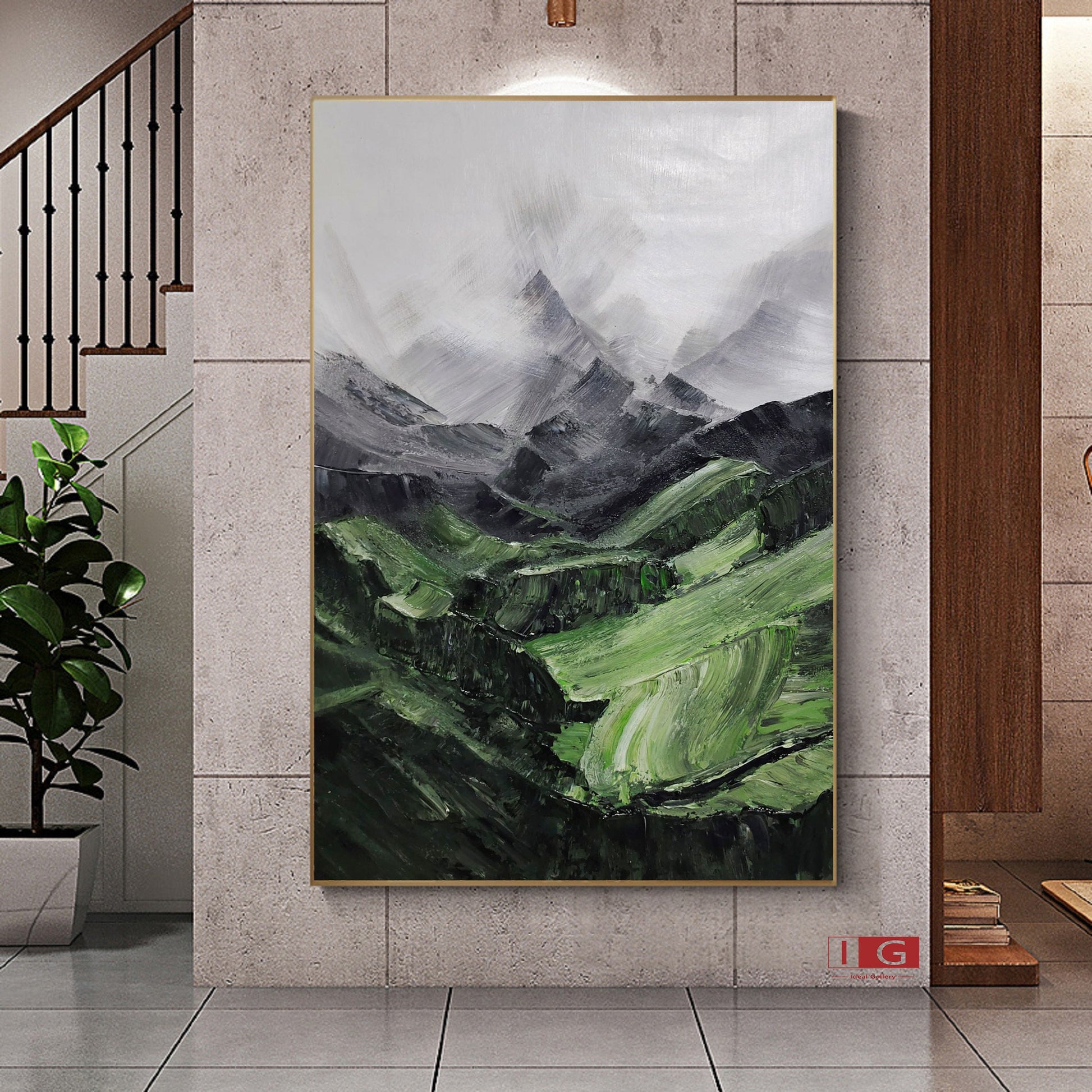 Sage Green Mountainscape Painting – Minimal Abstract Art – Abstract Painting
