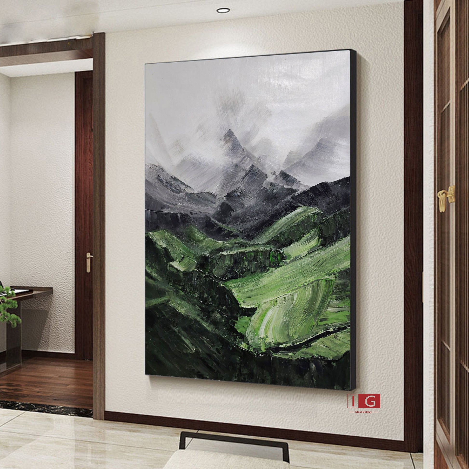 Sage Green Mountainscape Painting – Minimal Abstract Art – Abstract Painting