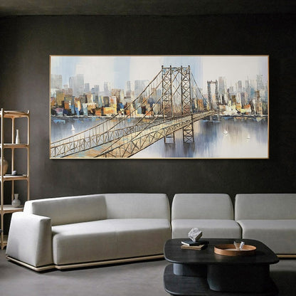 Abstract Manhattan Bridge Oil Painting, New York City Skyline Canvas Wall Art – City Skyline Architecture Wall Art | Abstract