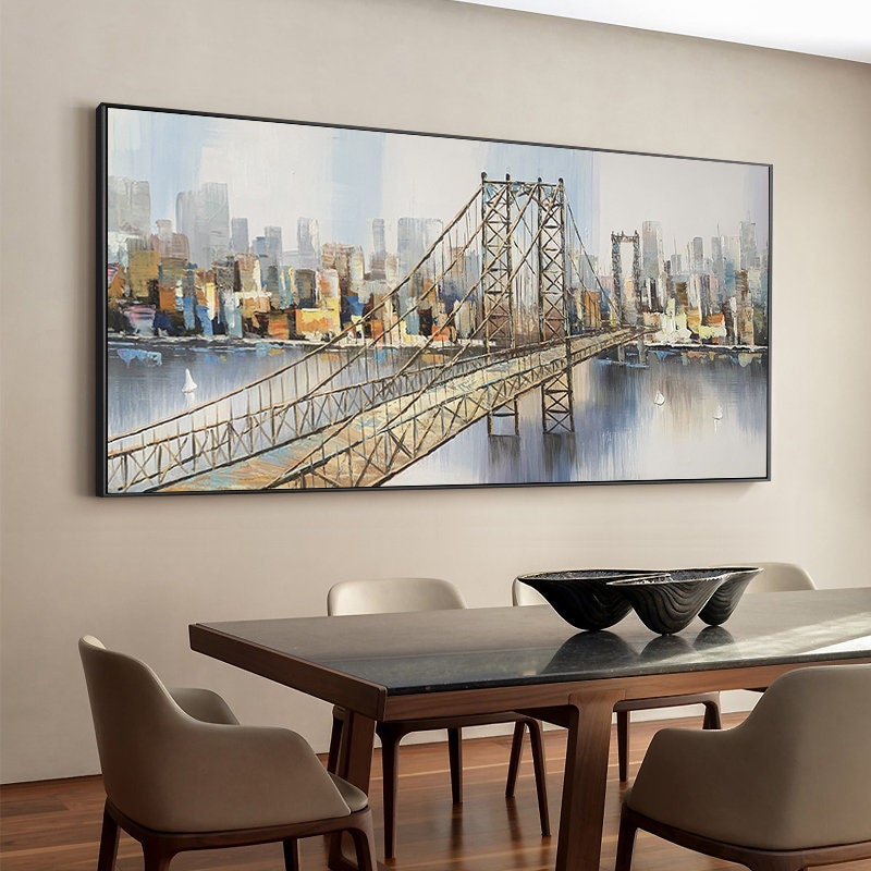 Abstract Manhattan Bridge Oil Painting, New York City Skyline Canvas Wall Art – City Skyline Architecture Wall Art | Abstract