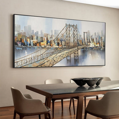 Abstract Manhattan Bridge Oil Painting, New York City Skyline Canvas Wall Art – City Skyline Architecture Wall Art | Abstract