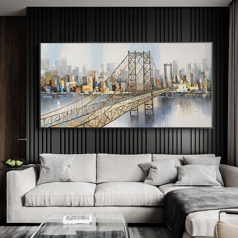 Abstract Manhattan Bridge Oil Painting, New York City Skyline Canvas Wall Art – City Skyline Architecture Wall Art | Abstract
