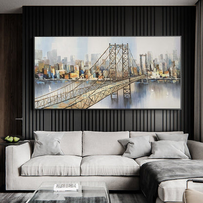 Abstract Manhattan Bridge Oil Painting, New York City Skyline Canvas Wall Art – City Skyline Architecture Wall Art | Abstract