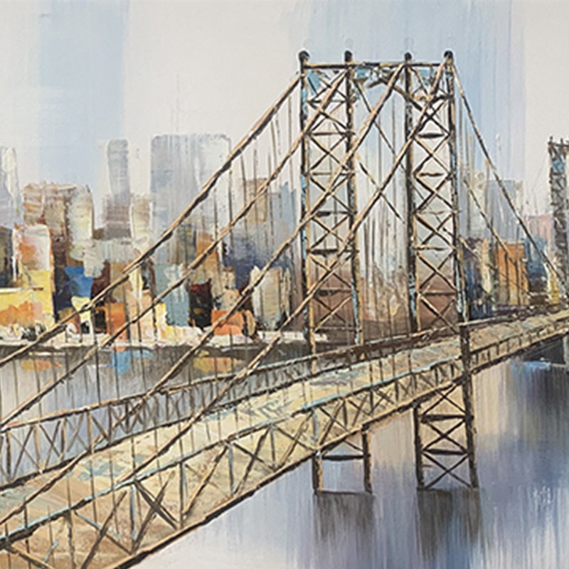 Abstract Manhattan Bridge Oil Painting, New York City Skyline Canvas Wall Art – City Skyline Architecture Wall Art | Abstract