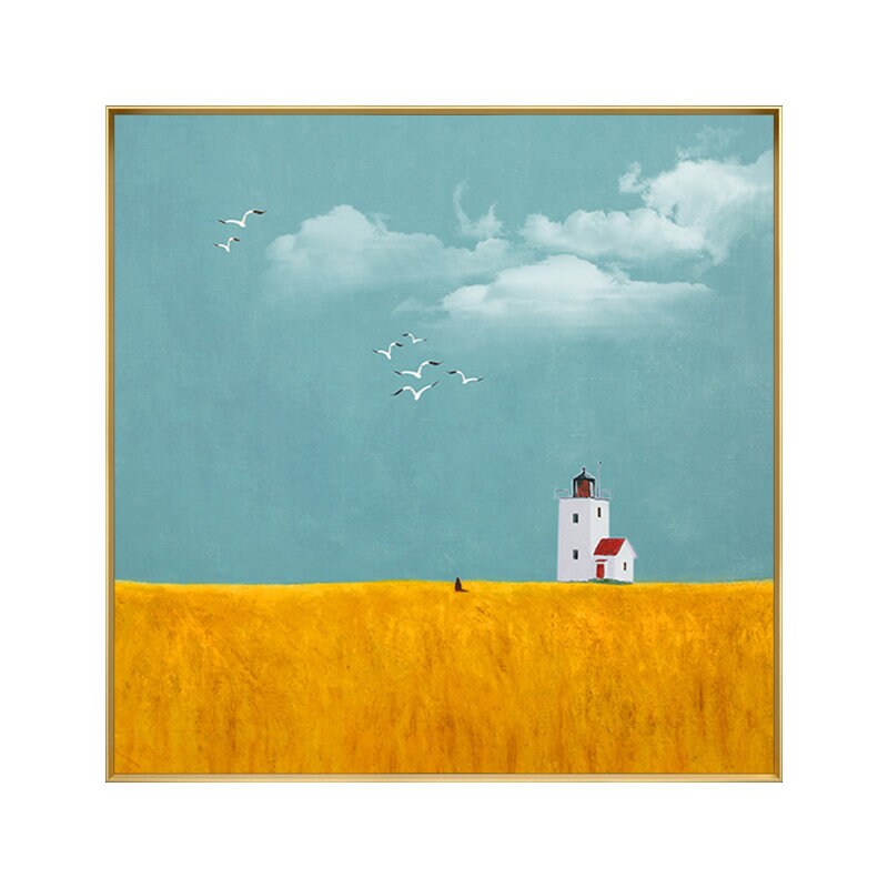 May include: A painting of a white lighthouse with a red roof on a yellow field. The sky is blue with white clouds and white birds flying.