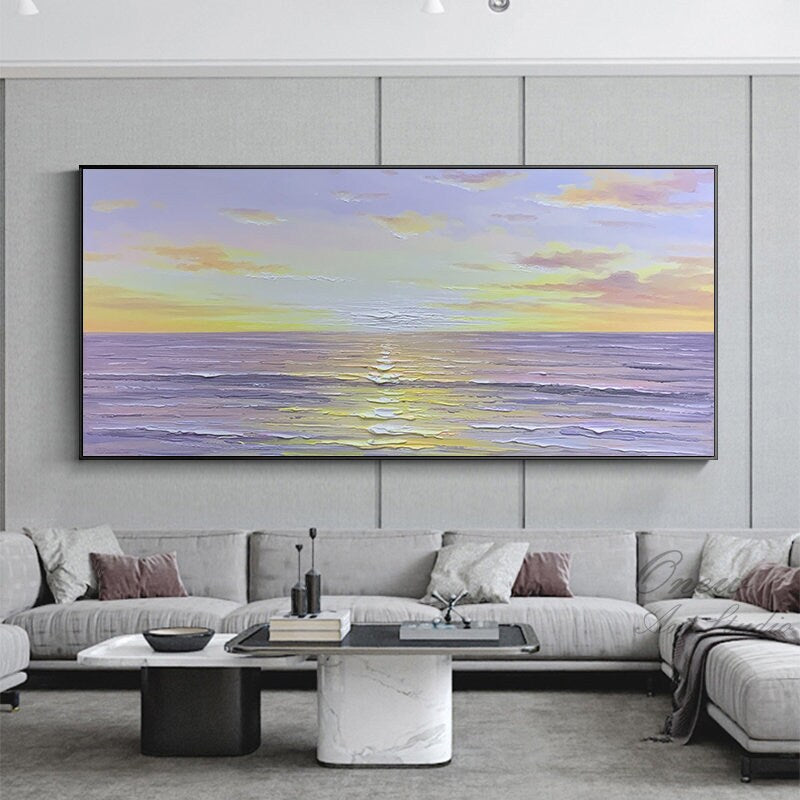 Abstract Seascape Oil Painting on Canvas, Original Sea With Sunrise Canvas Wall Art, Modern Textured Ocean Wall Art for Living Room Bedroom