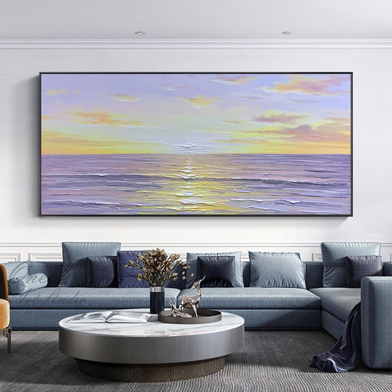 Abstract Seascape Oil Painting on Canvas, Original Sea With Sunrise Canvas Wall Art, Modern Textured Ocean Wall Art for Living Room Bedroom