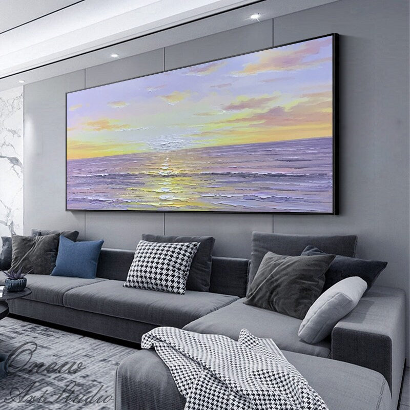Abstract Seascape Oil Painting on Canvas, Original Sea With Sunrise Canvas Wall Art, Modern Textured Ocean Wall Art for Living Room Bedroom