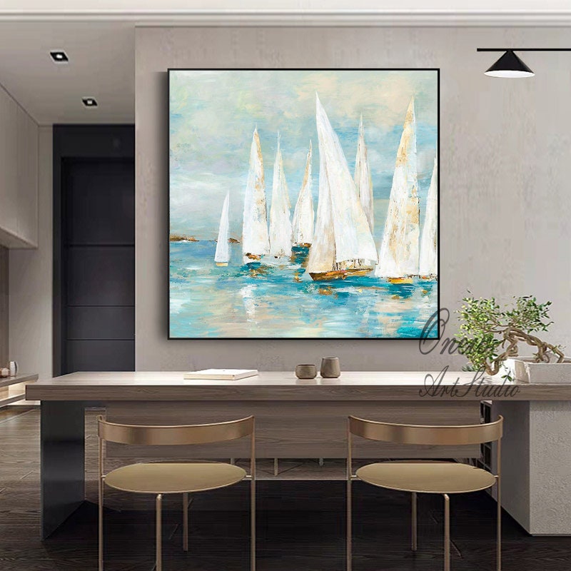 Abstract White Sailboats Painting on Canvas, Large Original Nautical Canvas Wall Art, Modern Seascape Oil Painting for Living Room Bedroom